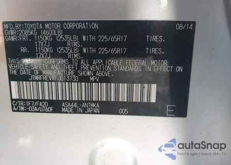 2015 Toyota Rav4 Xle из США, поврежденный, VIN JTMRFREVXFJ013730